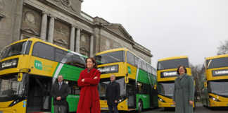 Minister marks one year since first hybrid double-decker buses in Galway galway daily double decker buses green yellow city