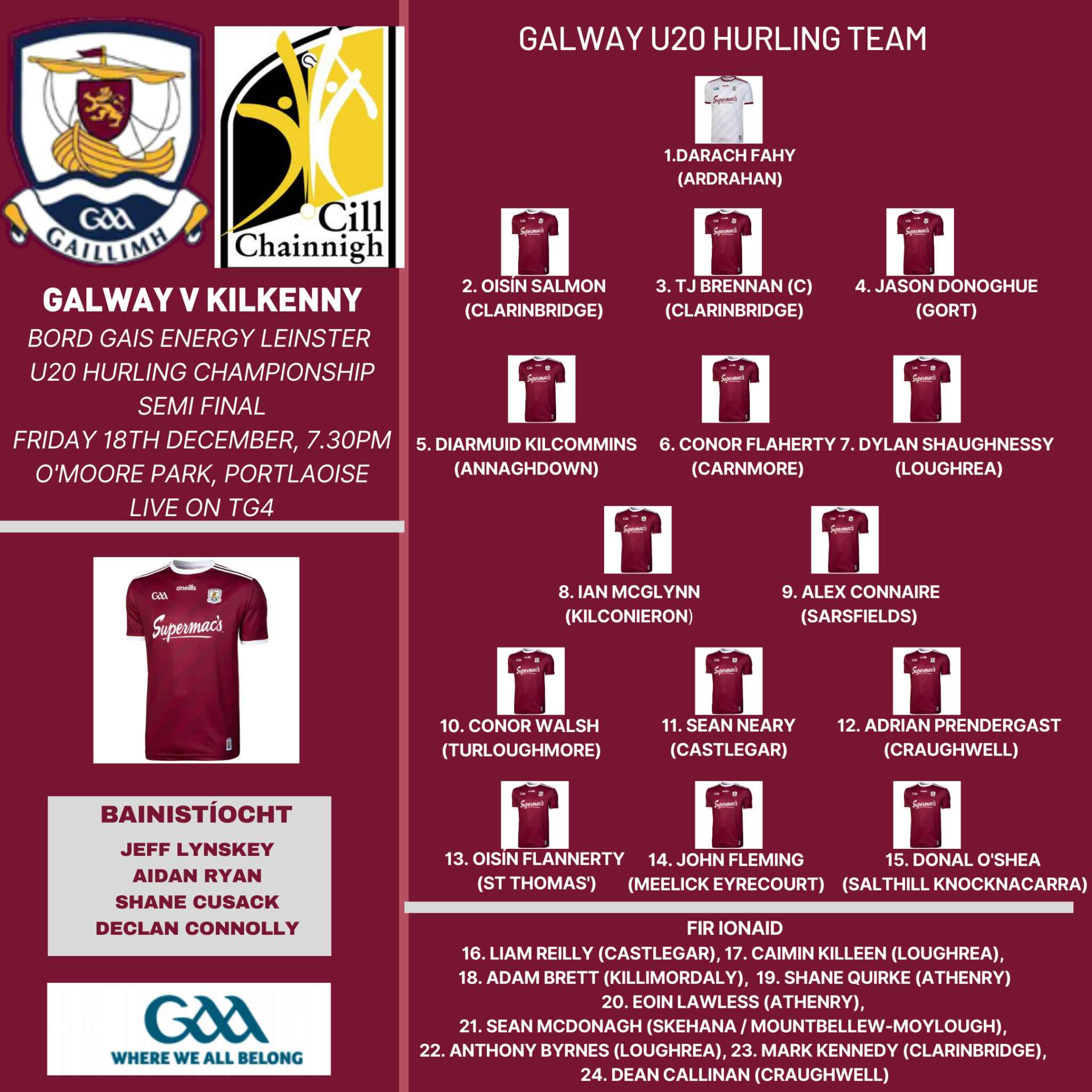 One change to Galway U20 hurling side against Kilkenny Galway Daily
